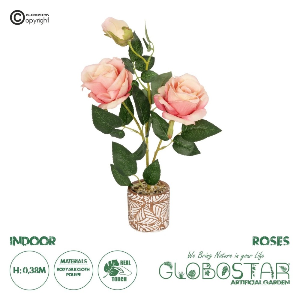 GloboStar® Artificial Garden PINK ROSE 20984 Διακοσμητικό Φυτό Ροζ Τριαντάφυλλα  Υ38cm